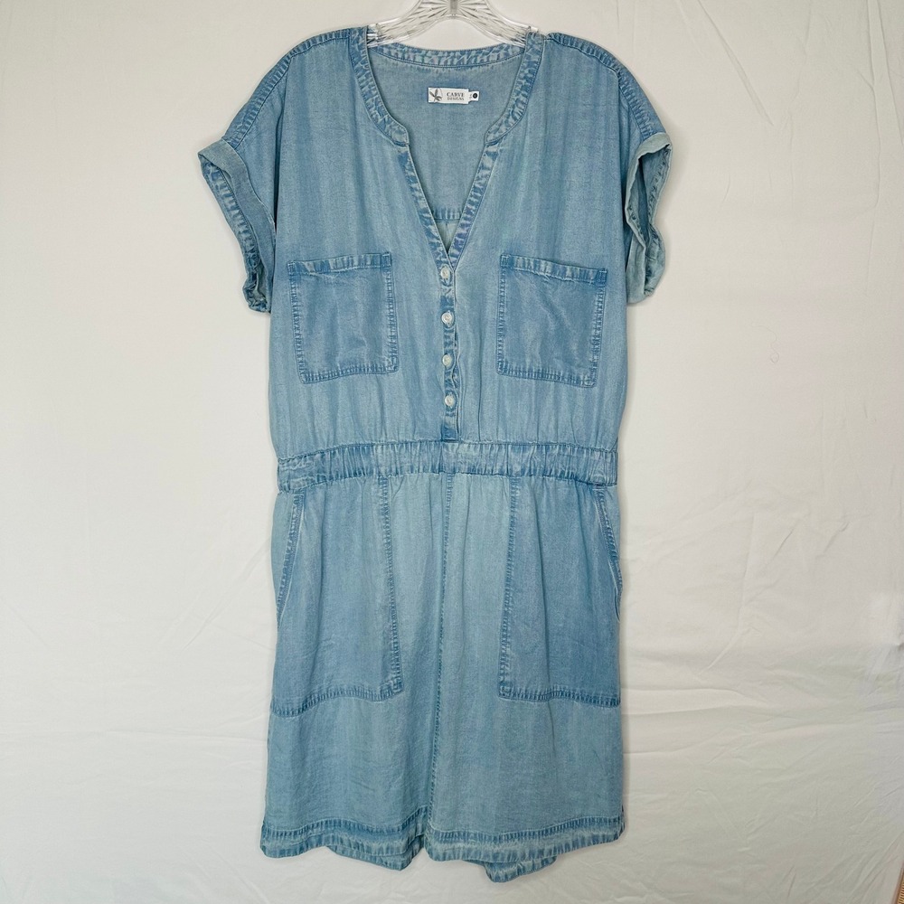 Carve Designs Womens Light Wash Tencel Rayon Button Front Elastic Waist Dress L